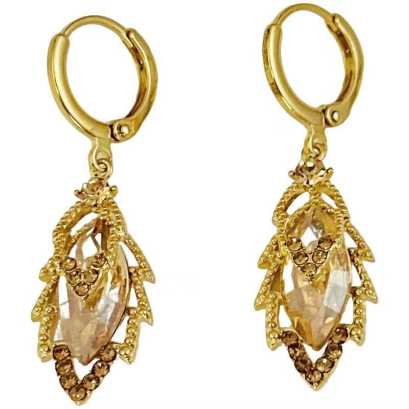 Leaf Drop Earrings For Women In Champagne With Copper Ear Pins And Zircon Inlay