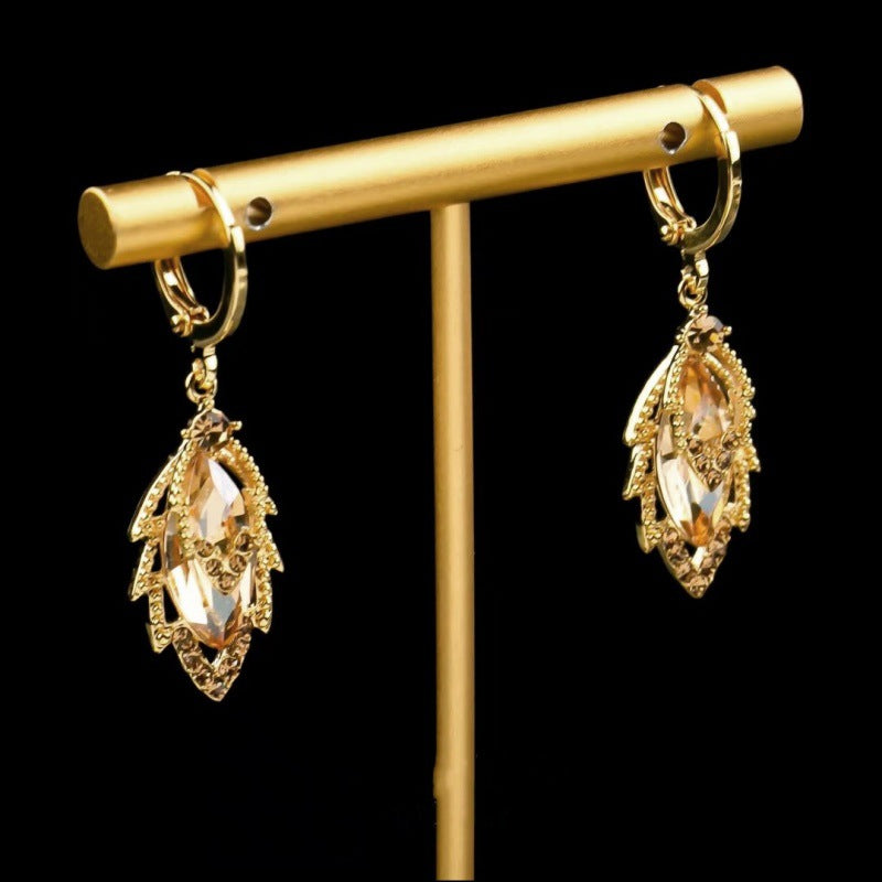 Leaf Drop Earrings For Women In Champagne With Copper Ear Pins And Zircon Inlay