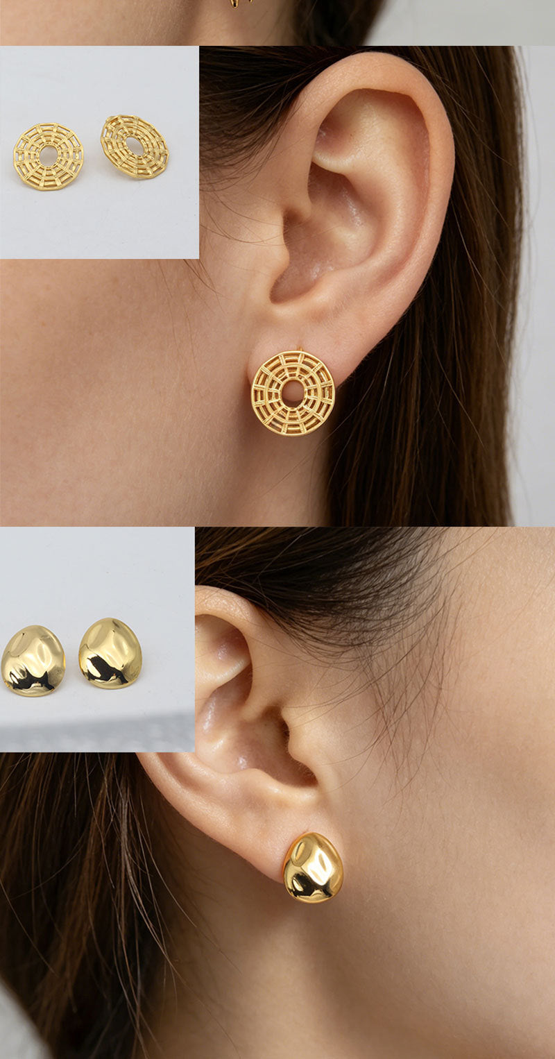 Heart Shape Stud Earrings With Folds In 304 Stainless Steel, Retro Style For Women