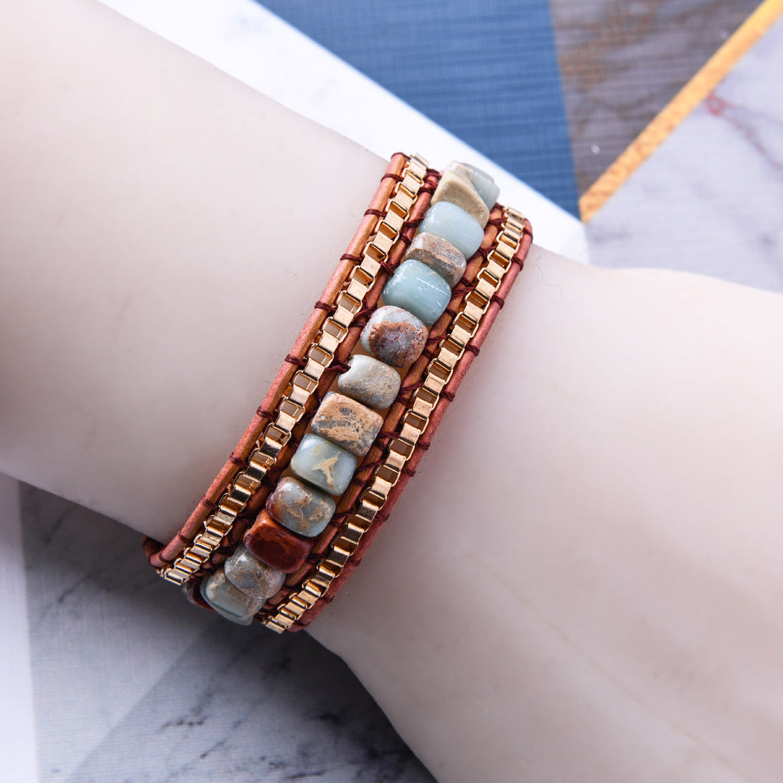 Geometric Braid Bracelets For Adults In Natural Stone Featuring 18K Real Gold Plated With 0.01µm Thickness And Ethnic Style