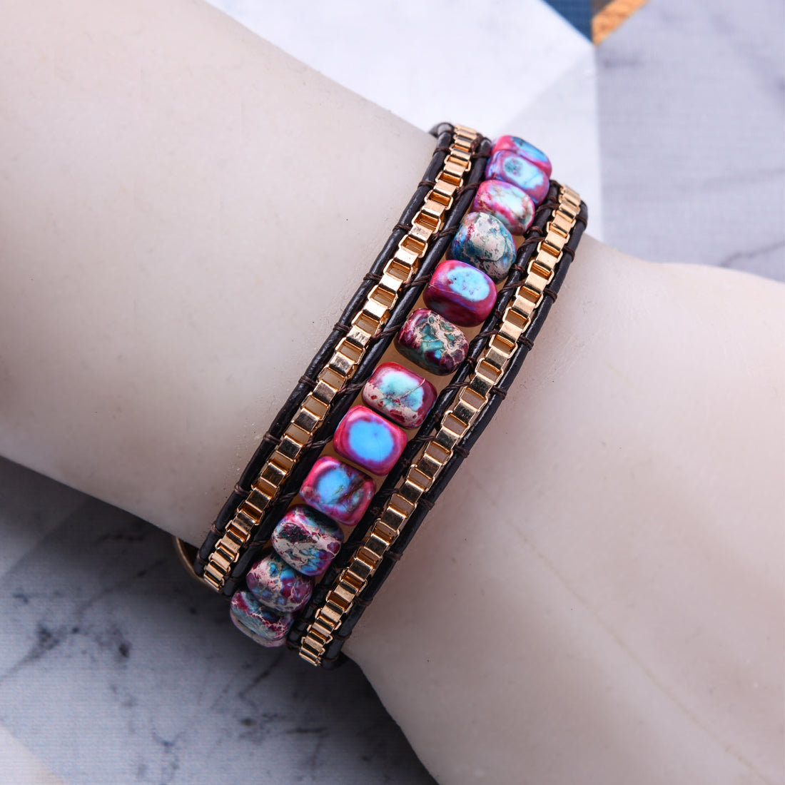 Geometric Braid Bracelets For Adults In Natural Stone Featuring 18K Real Gold Plated With 0.01µm Thickness And Ethnic Style