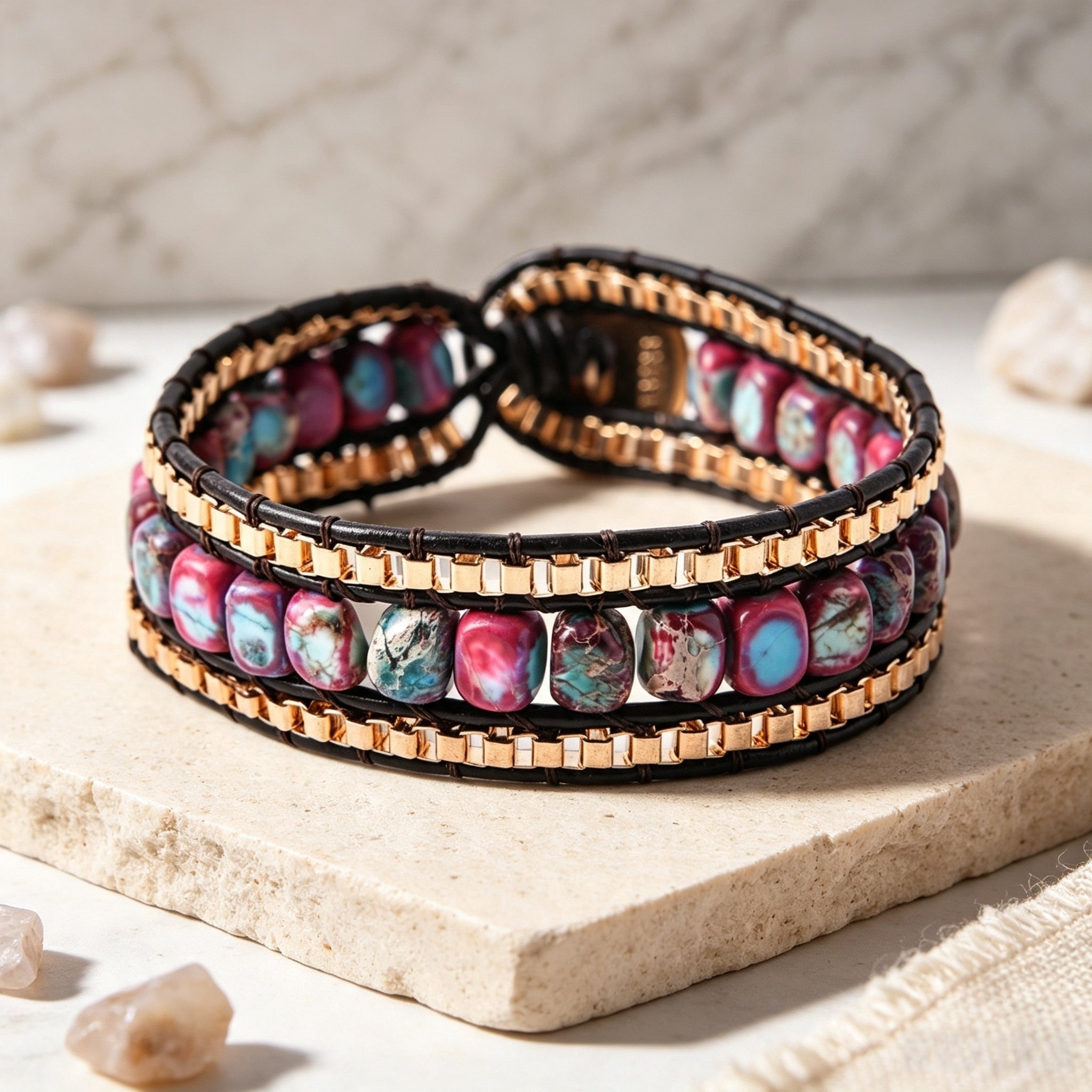 Geometric Braid Bracelets For Adults In Natural Stone Featuring 18K Real Gold Plated With 0.01µm Thickness And Ethnic Style
