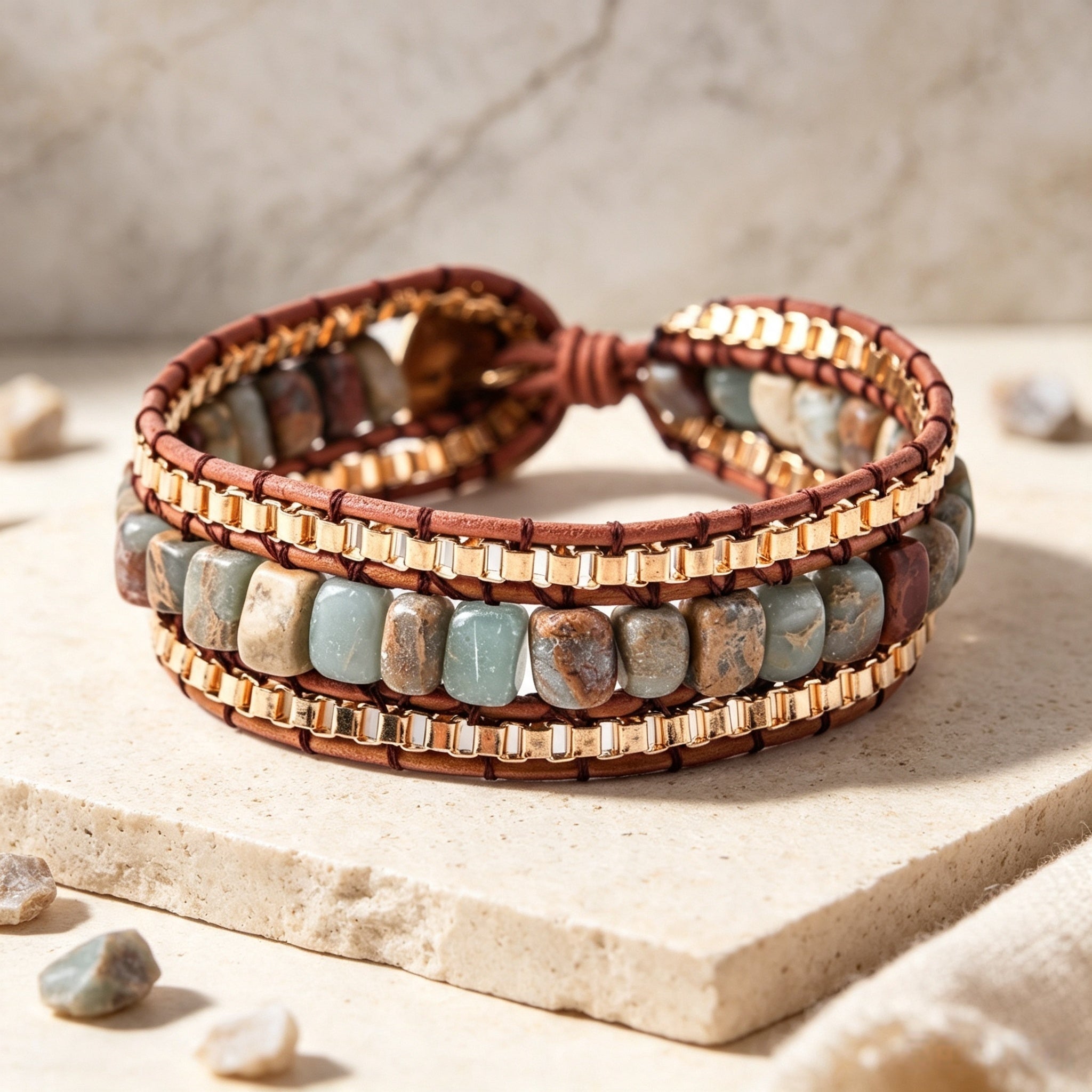 Geometric Braid Bracelets For Adults In Natural Stone Featuring 18K Real Gold Plated With 0.01µm Thickness And Ethnic Style