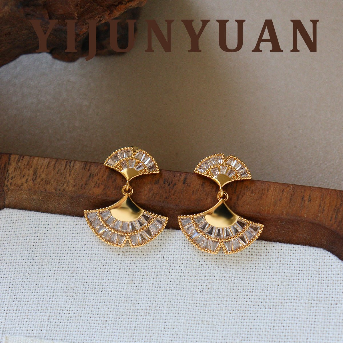 Ginkgo Leaf Earrings For Women In Gold Copper With Zircon Inlay Featuring 925 Sterling Silver Ear Pins