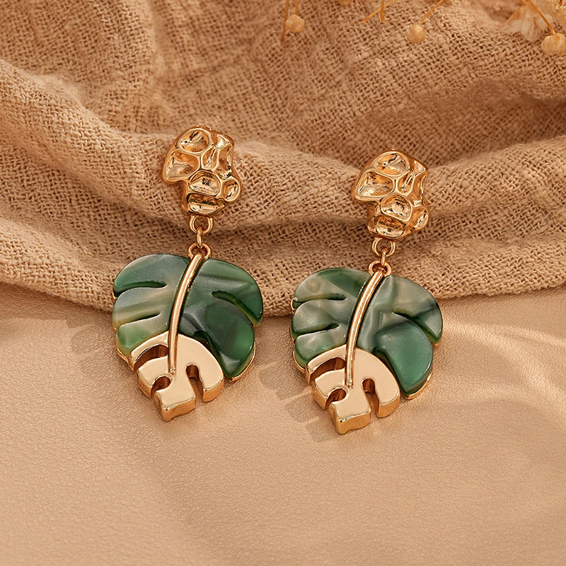 Leaves Drop Earrings For Women In Green Alloy With Resin Inlay, Featuring Tropical Style