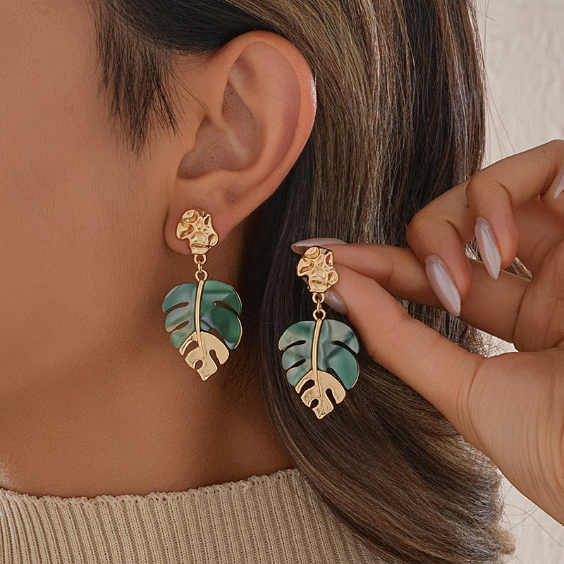 Leaves Drop Earrings For Women In Green Alloy With Resin Inlay, Featuring Tropical Style