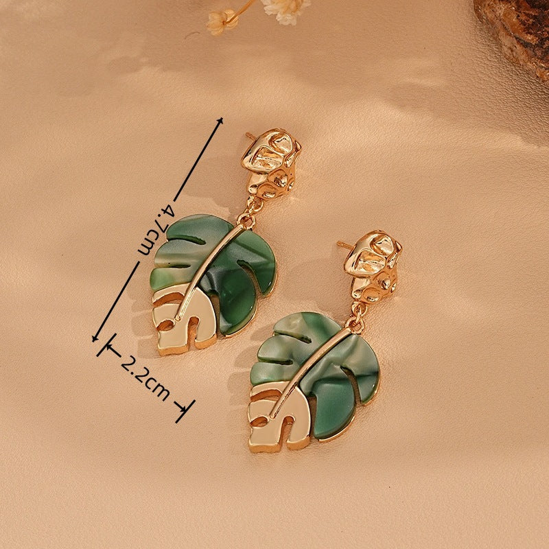 Leaves Drop Earrings For Women In Green Alloy With Resin Inlay, Featuring Tropical Style