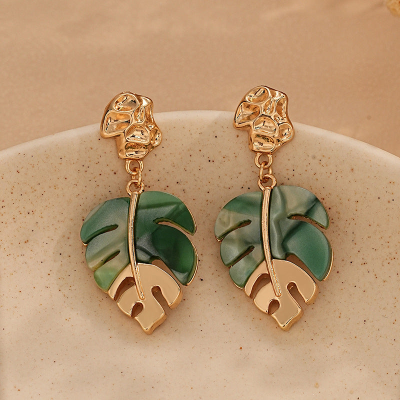 Leaves Drop Earrings For Women In Green Alloy With Resin Inlay, Featuring Tropical Style