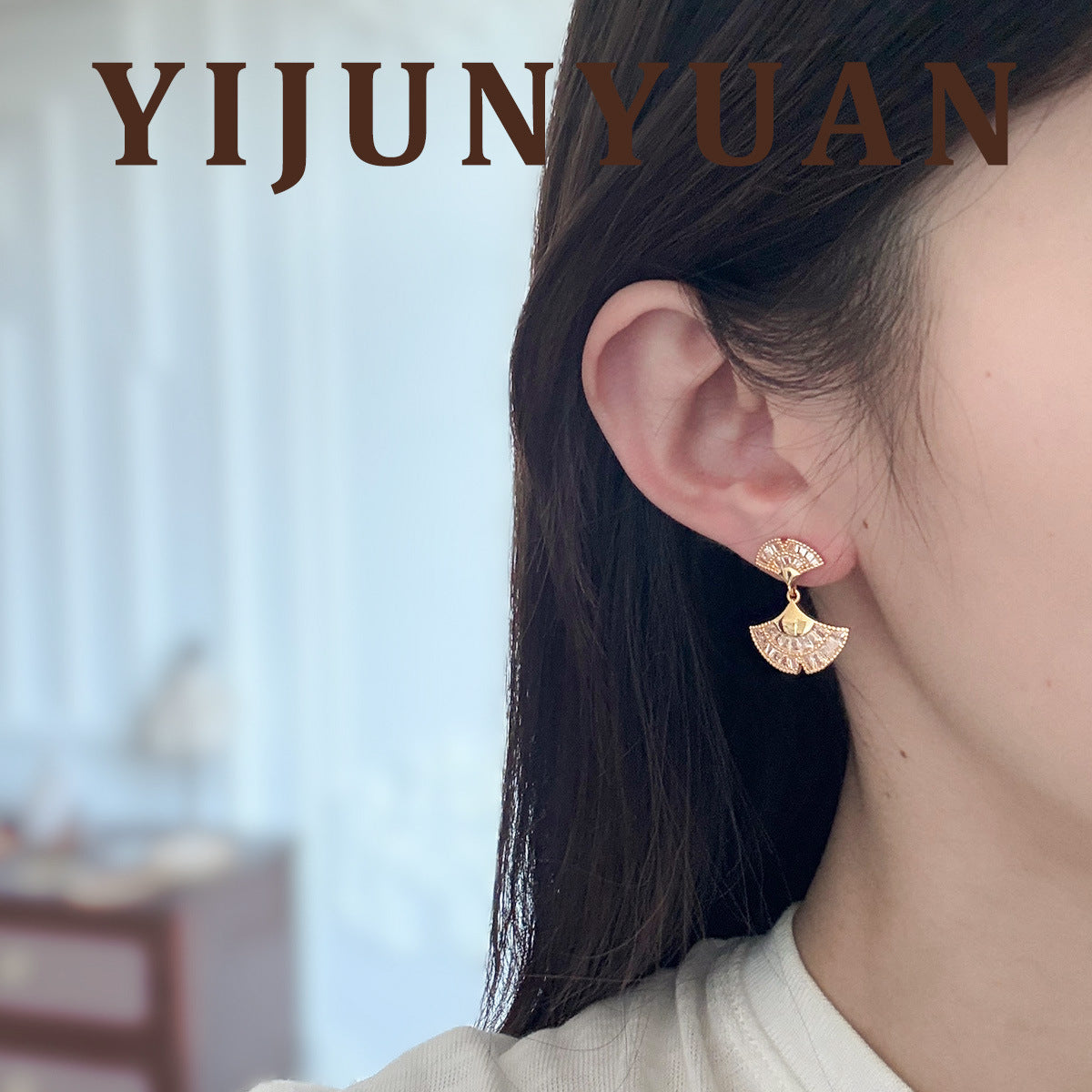 Ginkgo Leaf Earrings For Women In Gold Copper With Zircon Inlay Featuring 925 Sterling Silver Ear Pins