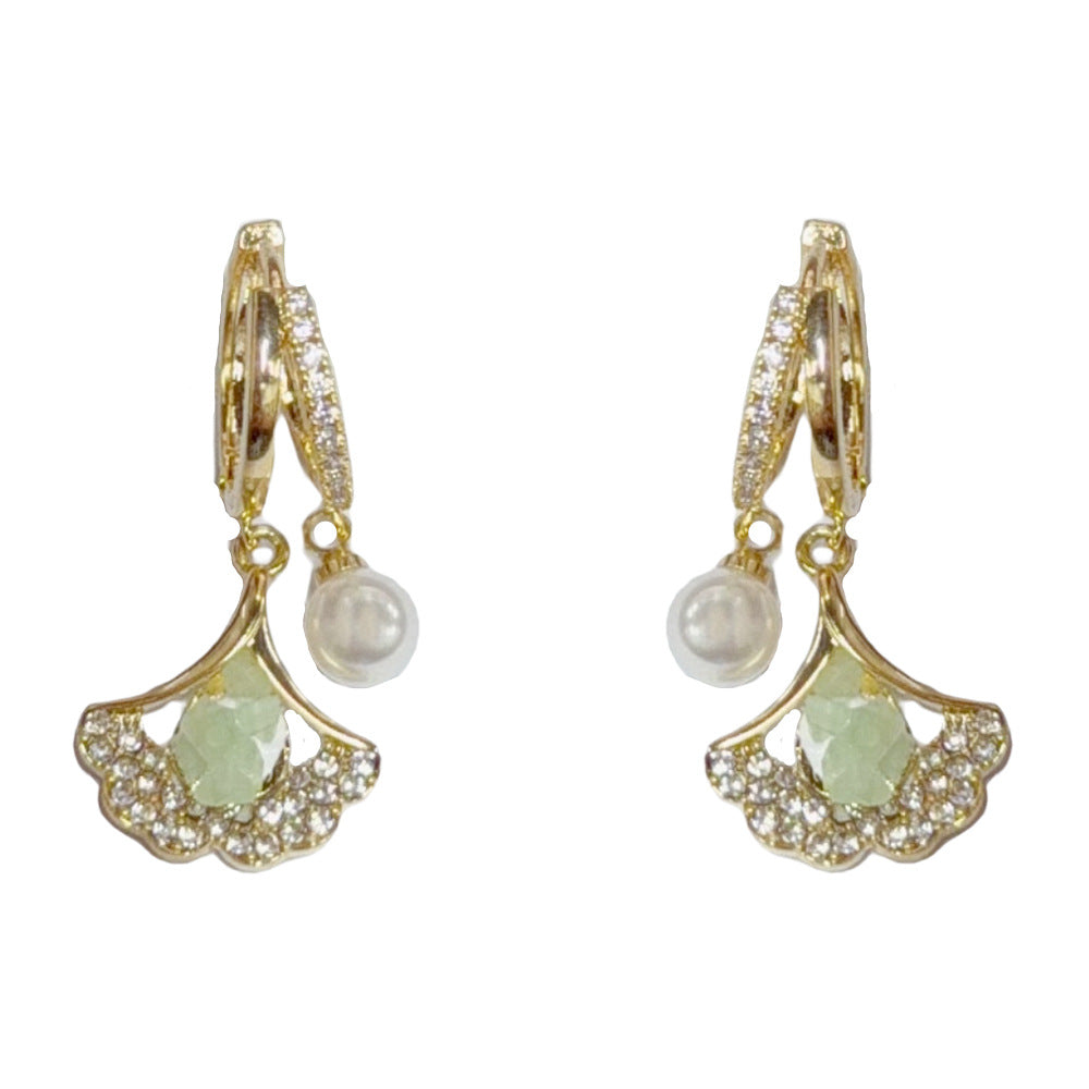 Ginkgo Leaf Drop Earrings For Women With Copper Ear Pins, Electroplated And Real Gold Plated Featuring Artificial Pearl Inlay