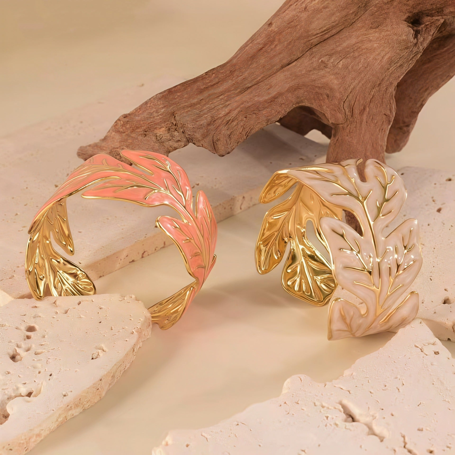Leaf Pattern Enamel Bangle For Women In 304 Stainless Steel With Electroplated Golden Plated Finish And 0.03µm Coating Thickness