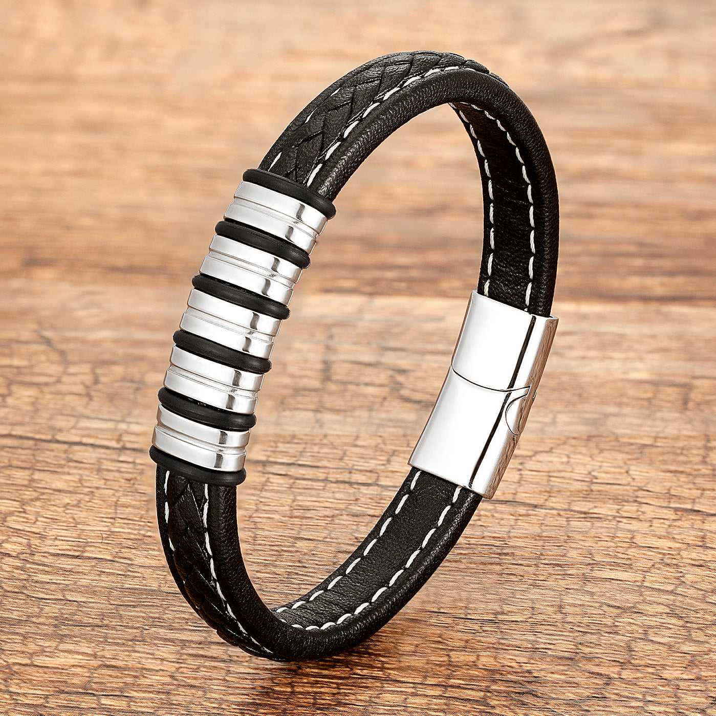 Classic Style Geometric Braid Wristband For Adults With Leather Rope Chain In Multicolor