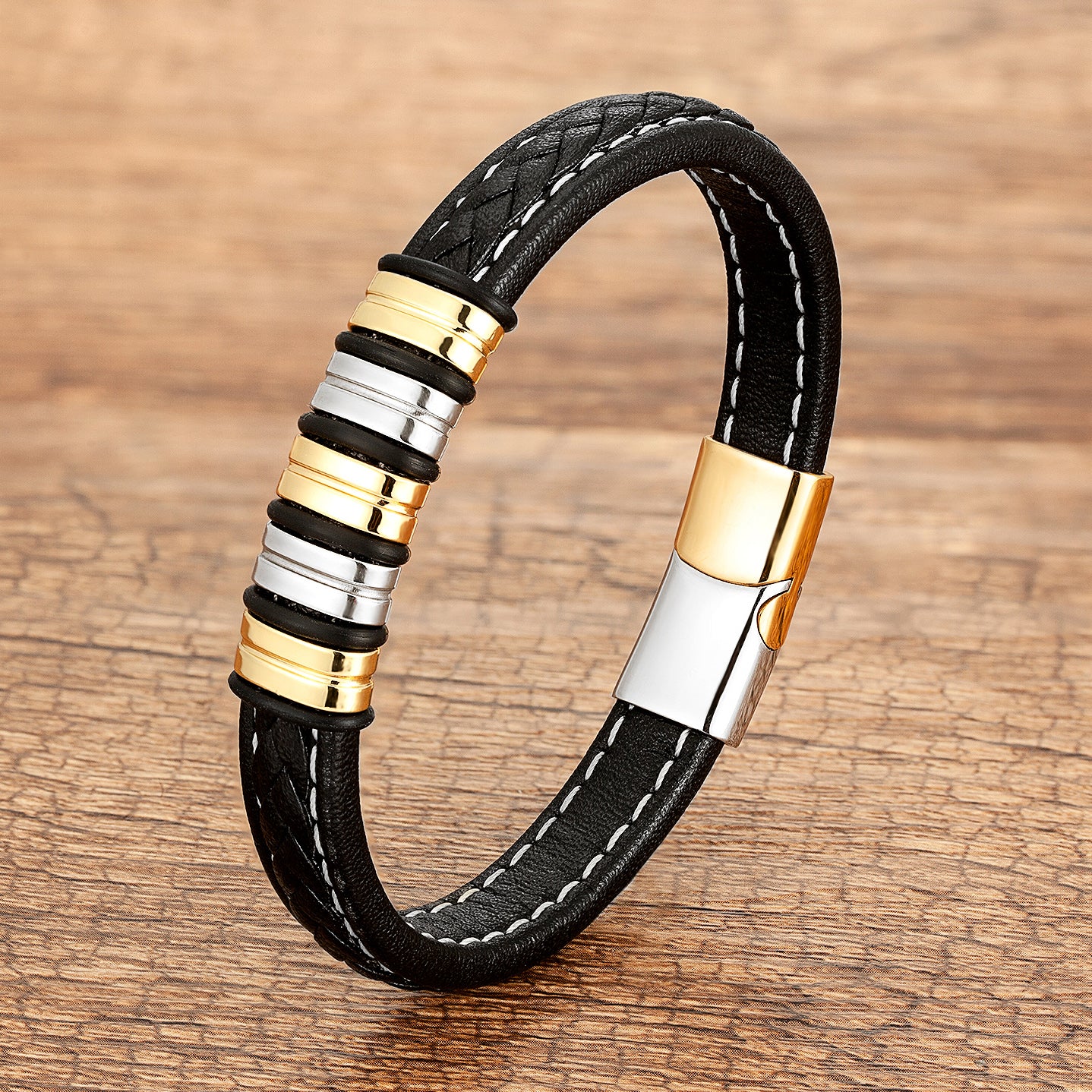 Classic Style Geometric Braid Wristband For Adults With Leather Rope Chain In Multicolor