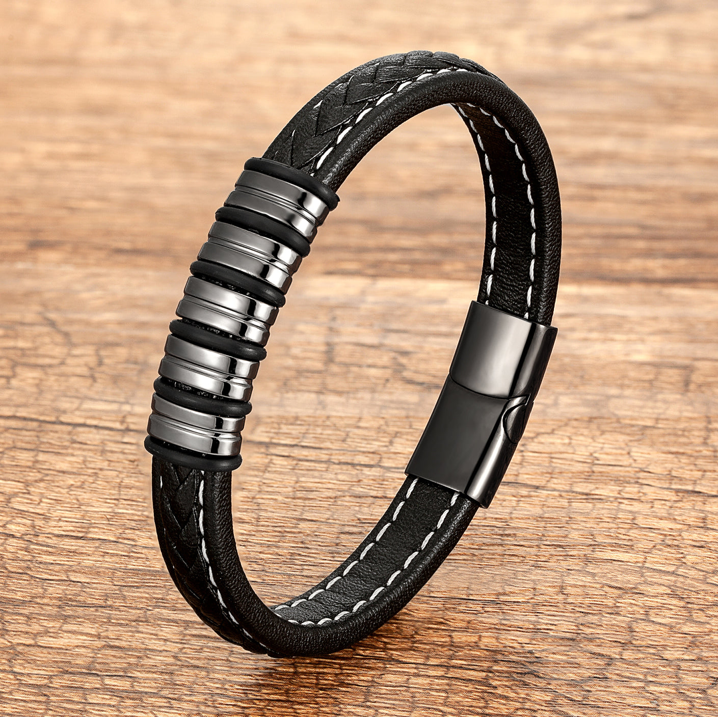 Classic Style Geometric Braid Wristband For Adults With Leather Rope Chain In Multicolor