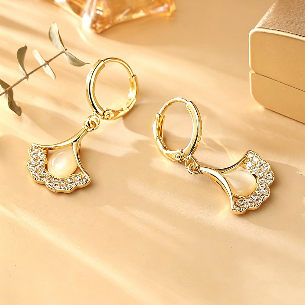 Ginkgo Leaf Earrings For Women In Real Gold Plated Copper With Cat's Eye Stone Inlay
