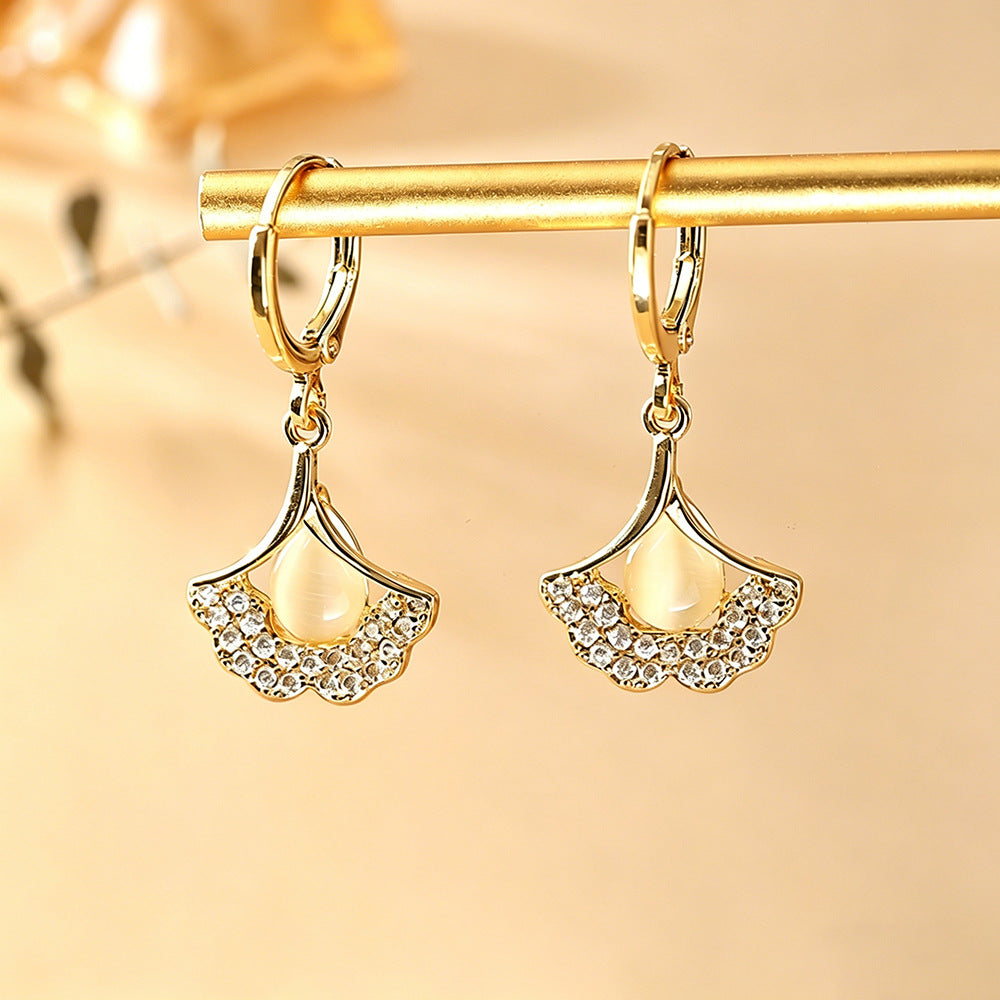 Ginkgo Leaf Earrings For Women In Real Gold Plated Copper With Cat's Eye Stone Inlay