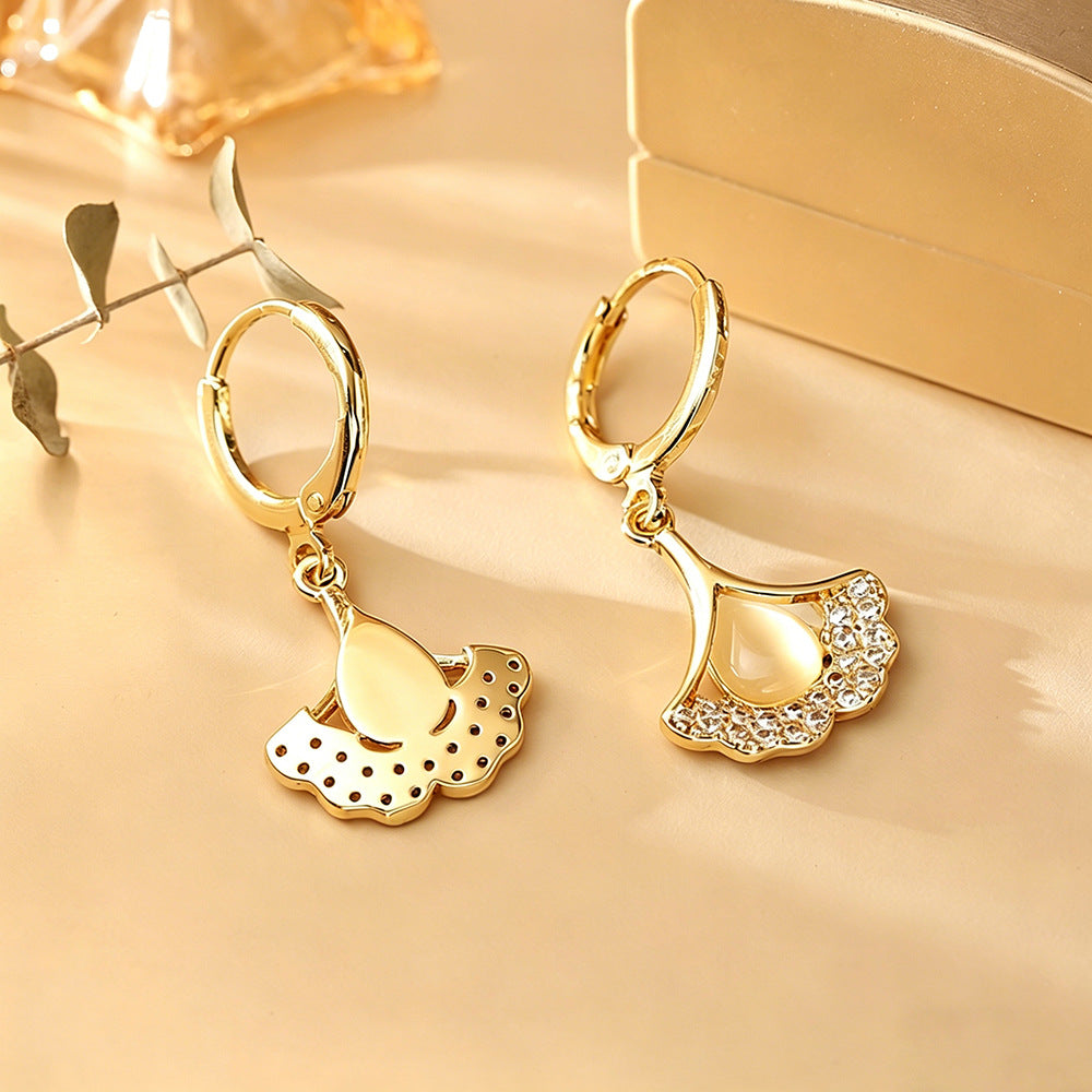 Ginkgo Leaf Earrings For Women In Real Gold Plated Copper With Cat's Eye Stone Inlay