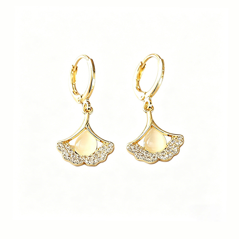 Ginkgo Leaf Earrings For Women In Real Gold Plated Copper With Cat's Eye Stone Inlay
