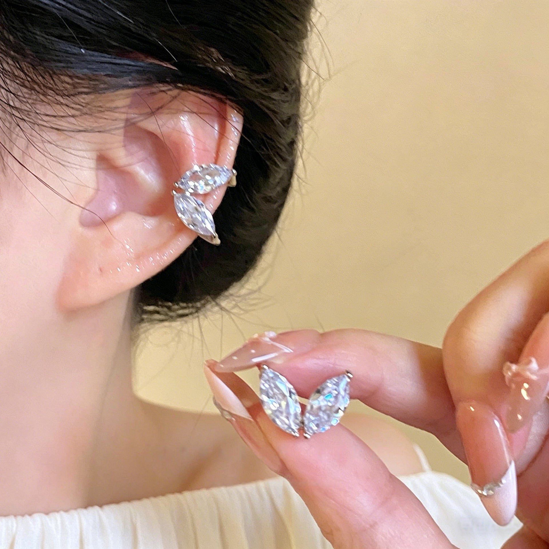Elegant Leaves Clip Earrings For Women Featuring Zircon Inlay With Titanium Steel And 925 Sterling Silver Posts
