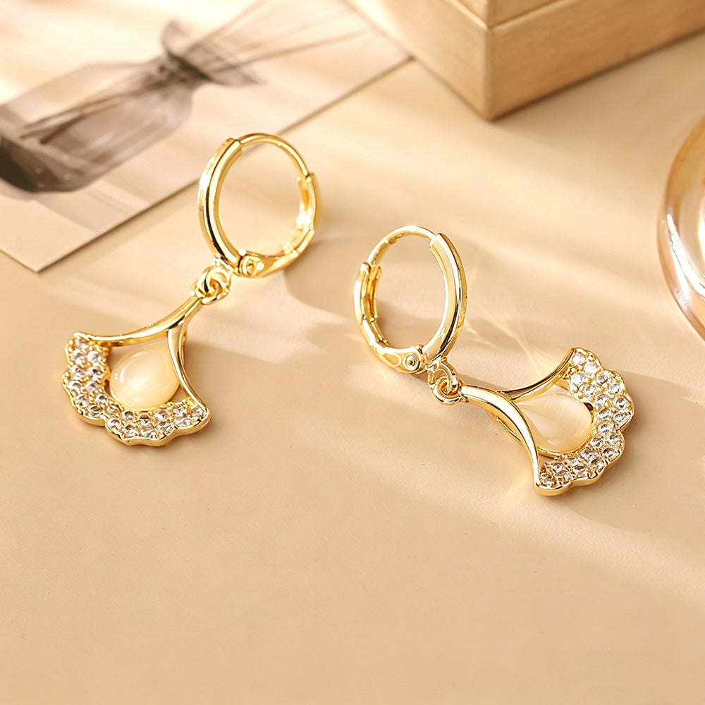 Sweet Ginkgo Leaf Earrings For Women In Real Gold Plated Copper With Cat's Eye Stone Inlay