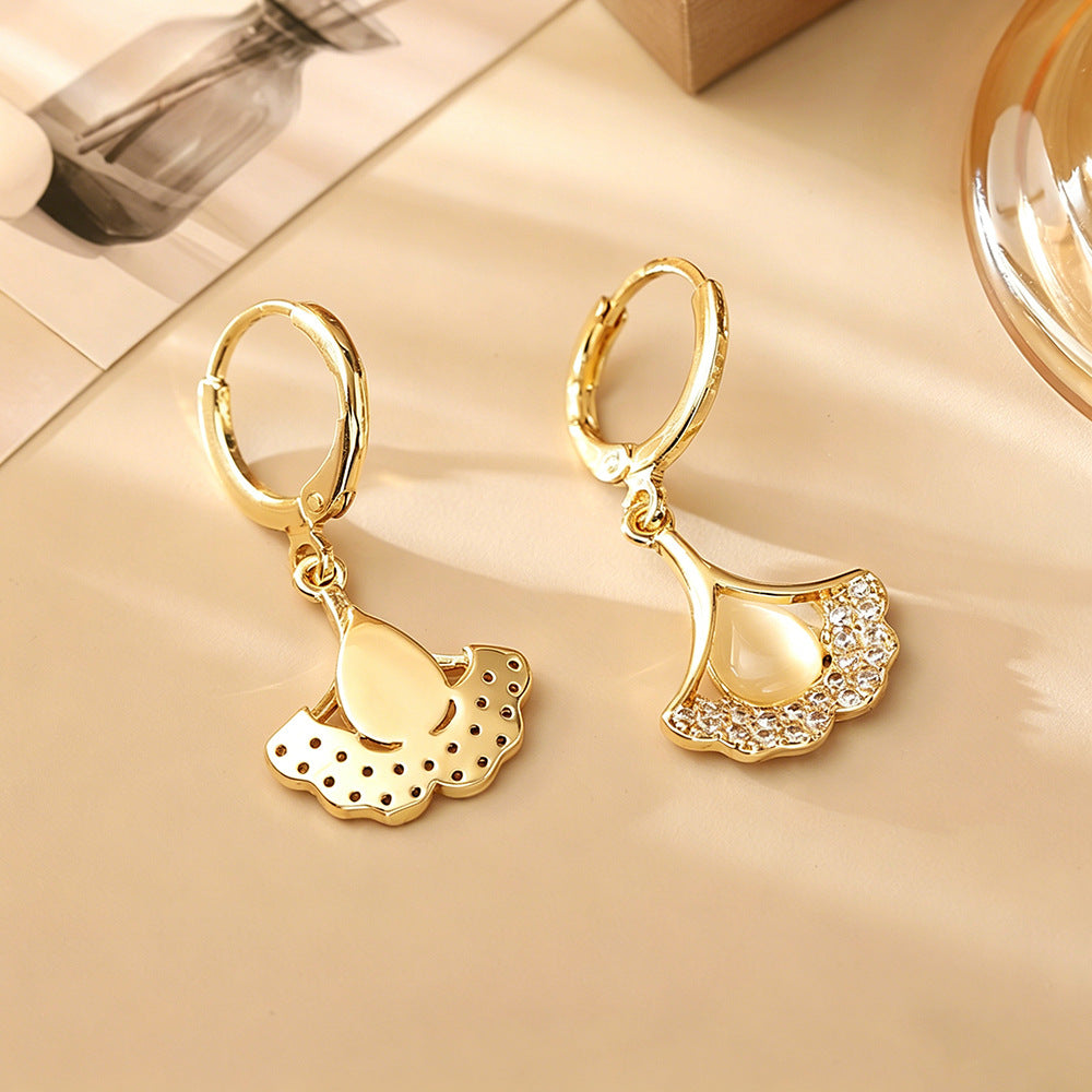 Sweet Ginkgo Leaf Earrings For Women In Real Gold Plated Copper With Cat's Eye Stone Inlay