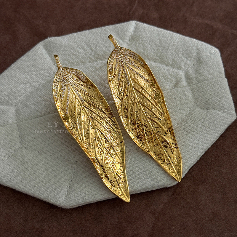 Leaf Carving Drop Earrings For Women With 925 Sterling Silver Posts, Copper Base, Real Gold Plated And Rhinestone Inlay