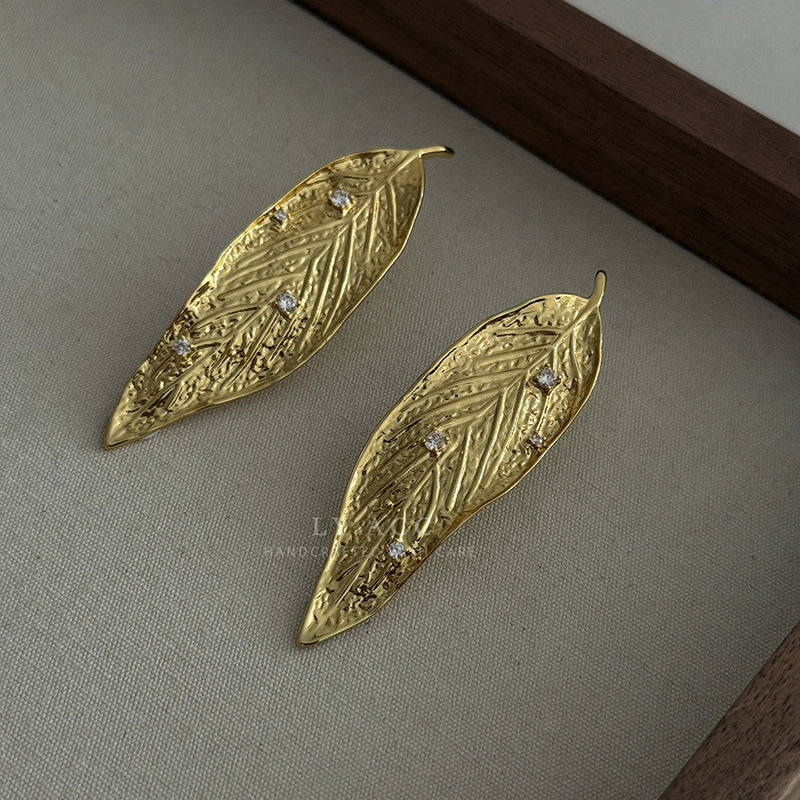 Leaf Carving Drop Earrings For Women With 925 Sterling Silver Posts, Copper Base, Real Gold Plated And Rhinestone Inlay