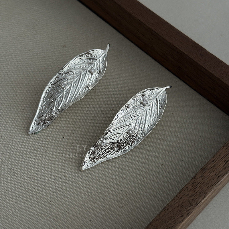 Leaf Carving Drop Earrings For Women With 925 Sterling Silver Posts, Copper Base, Real Gold Plated And Rhinestone Inlay