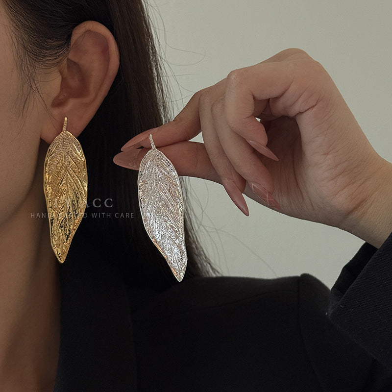 Leaf Carving Drop Earrings For Women With 925 Sterling Silver Posts, Copper Base, Real Gold Plated And Rhinestone Inlay