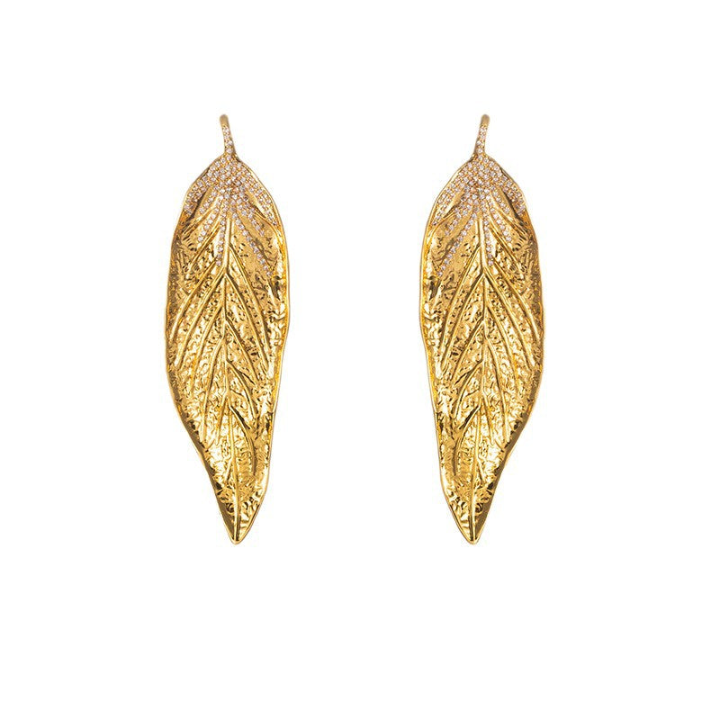 Leaf Carving Drop Earrings For Women With 925 Sterling Silver Posts, Copper Base, Real Gold Plated And Rhinestone Inlay