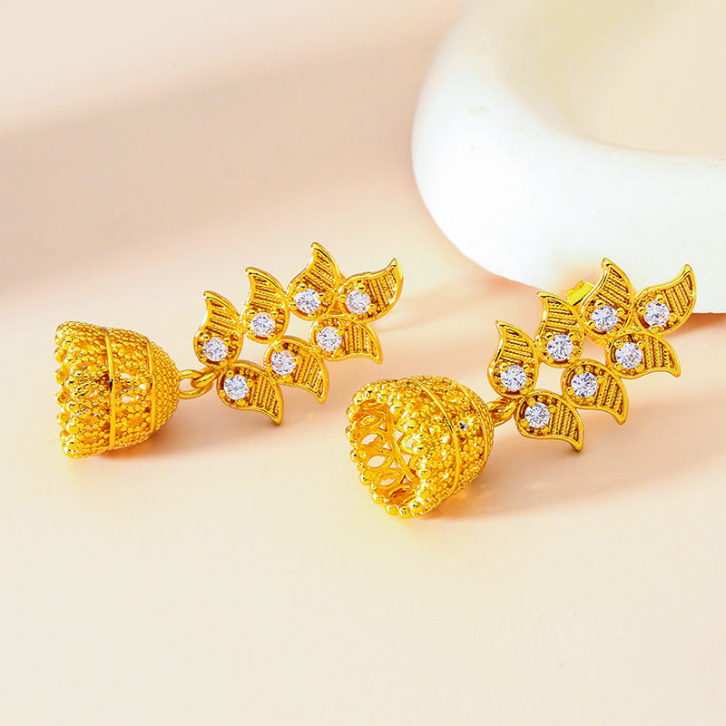 Leaves Earrings For Women In White Brass With Glass Inlay Featuring Copper Ear Pins