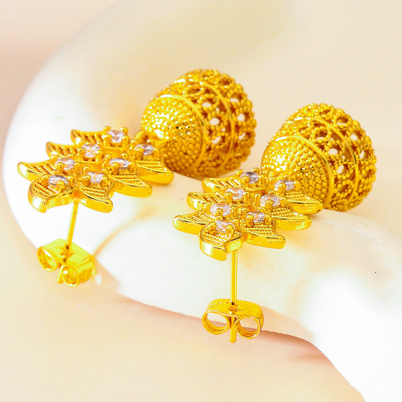 Leaves Earrings For Women In White Brass With Glass Inlay Featuring Copper Ear Pins
