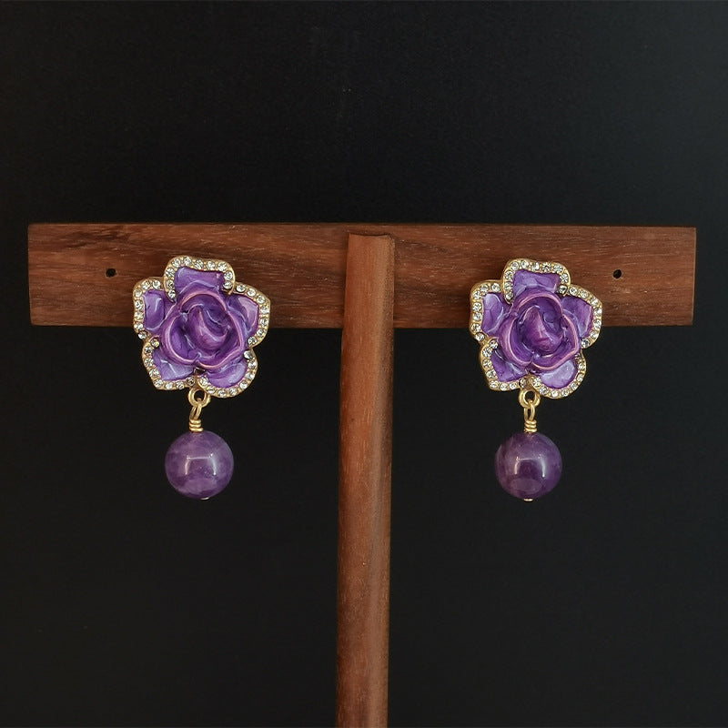Flowers Enamel Earrings In Copper Alloy With Real Gold Plated And Zircon Inlay, Featuring 925 Sterling Silver Studs For Women