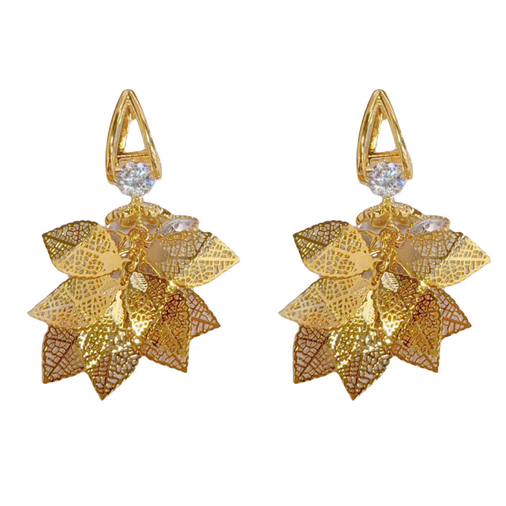 Exaggerated Leaves Tassel Drop Earrings For Women In Real Gold Plated Copper