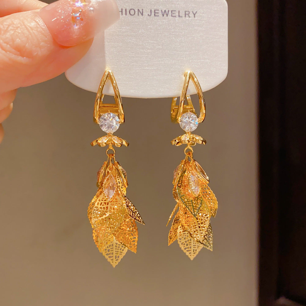 Exaggerated Leaves Tassel Drop Earrings For Women In Real Gold Plated Copper