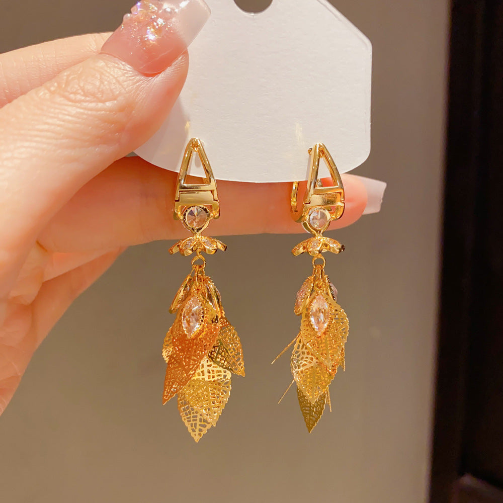 Exaggerated Leaves Tassel Drop Earrings For Women In Real Gold Plated Copper