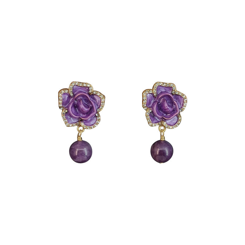 Flowers Enamel Earrings In Copper Alloy With Real Gold Plated And Zircon Inlay, Featuring 925 Sterling Silver Studs For Women