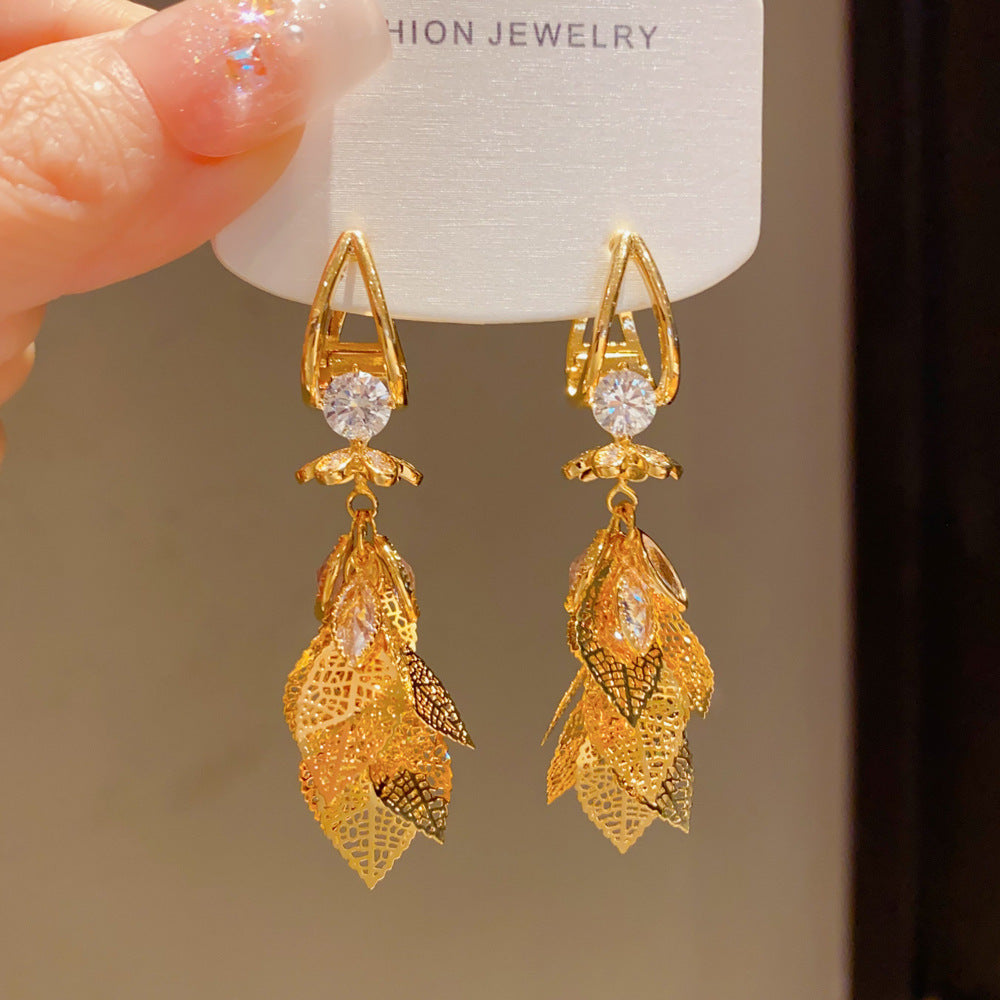 Exaggerated Leaves Tassel Drop Earrings For Women In Real Gold Plated Copper