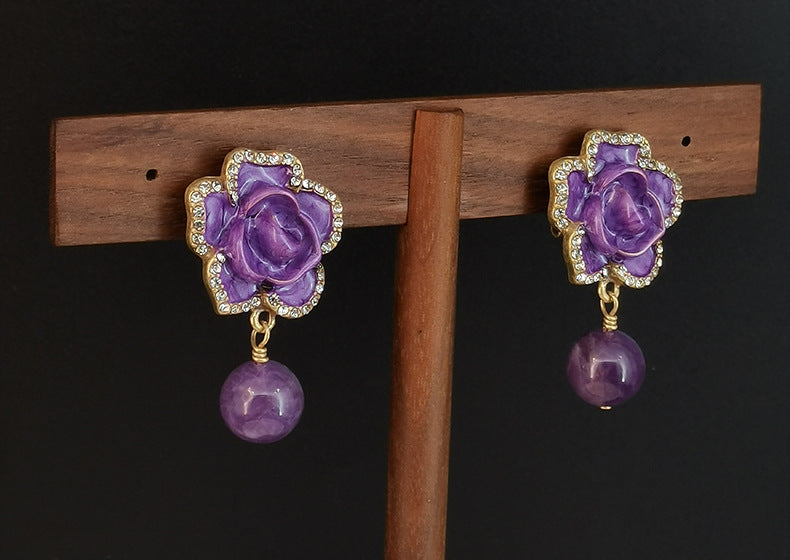 Flowers Enamel Earrings In Copper Alloy With Real Gold Plated And Zircon Inlay, Featuring 925 Sterling Silver Studs For Women