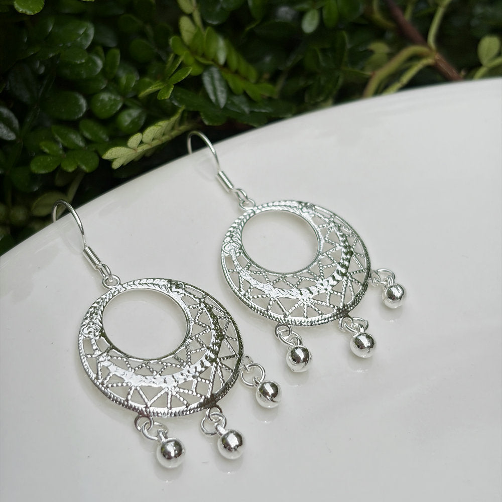 Ethnic Style Water Droplets Carved Copper Drop Earrings For Women In Silver