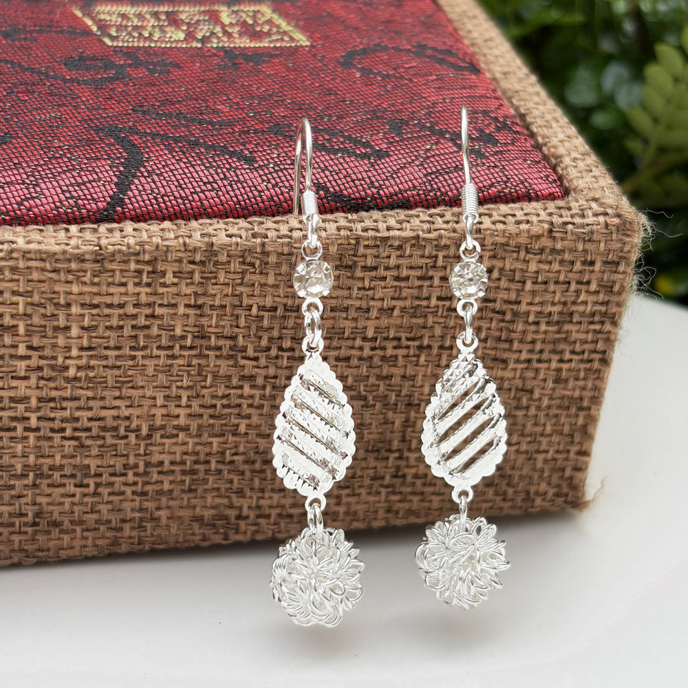 Ethnic Style Water Droplets Carved Copper Drop Earrings For Women In Silver