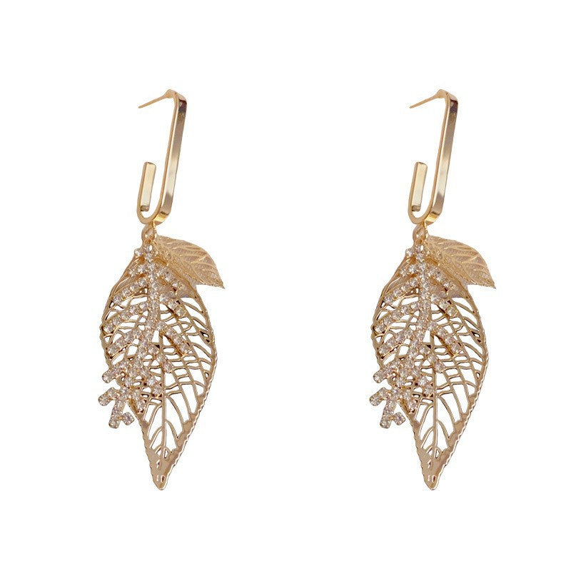 Exaggerated Leaves Tassel Drop Earrings For Women In Real Gold Plated Copper With Zircon Inlay