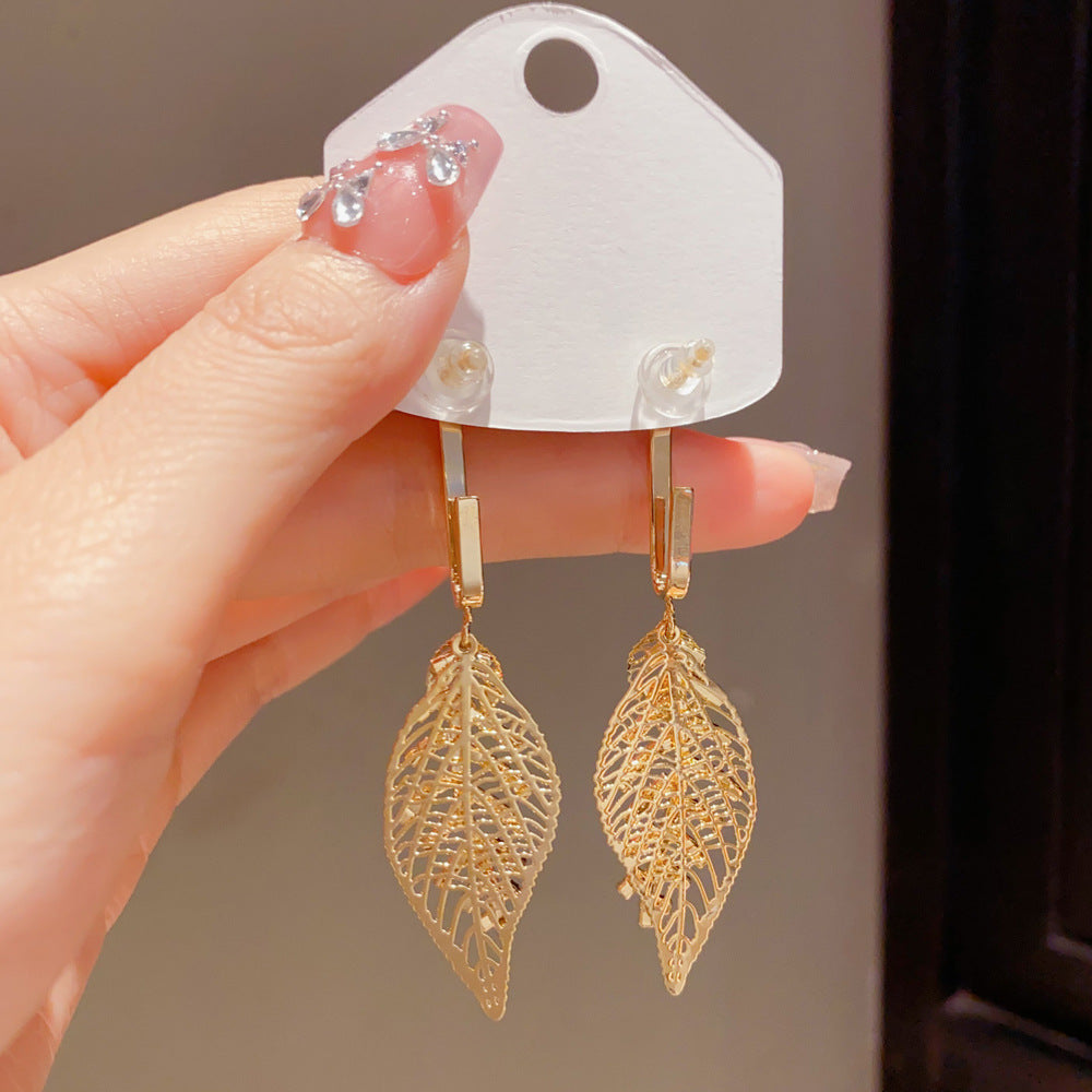 Exaggerated Leaves Tassel Drop Earrings For Women In Real Gold Plated Copper With Zircon Inlay