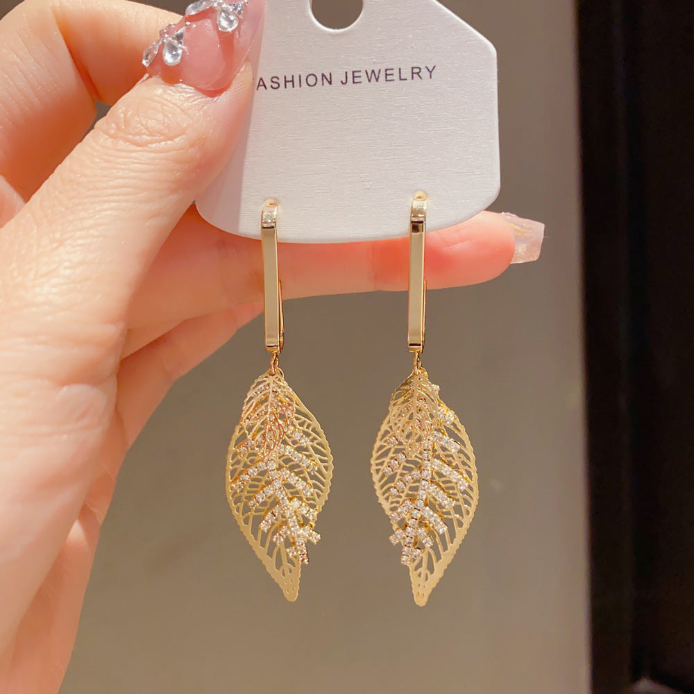 Exaggerated Leaves Tassel Drop Earrings For Women In Real Gold Plated Copper With Zircon Inlay