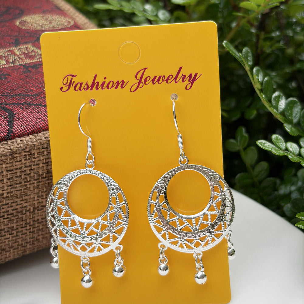 Ethnic Style Water Droplets Carved Copper Drop Earrings For Women In Silver