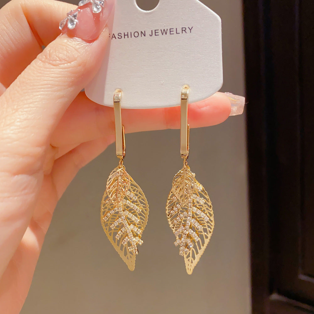 Exaggerated Leaves Tassel Drop Earrings For Women In Real Gold Plated Copper With Zircon Inlay