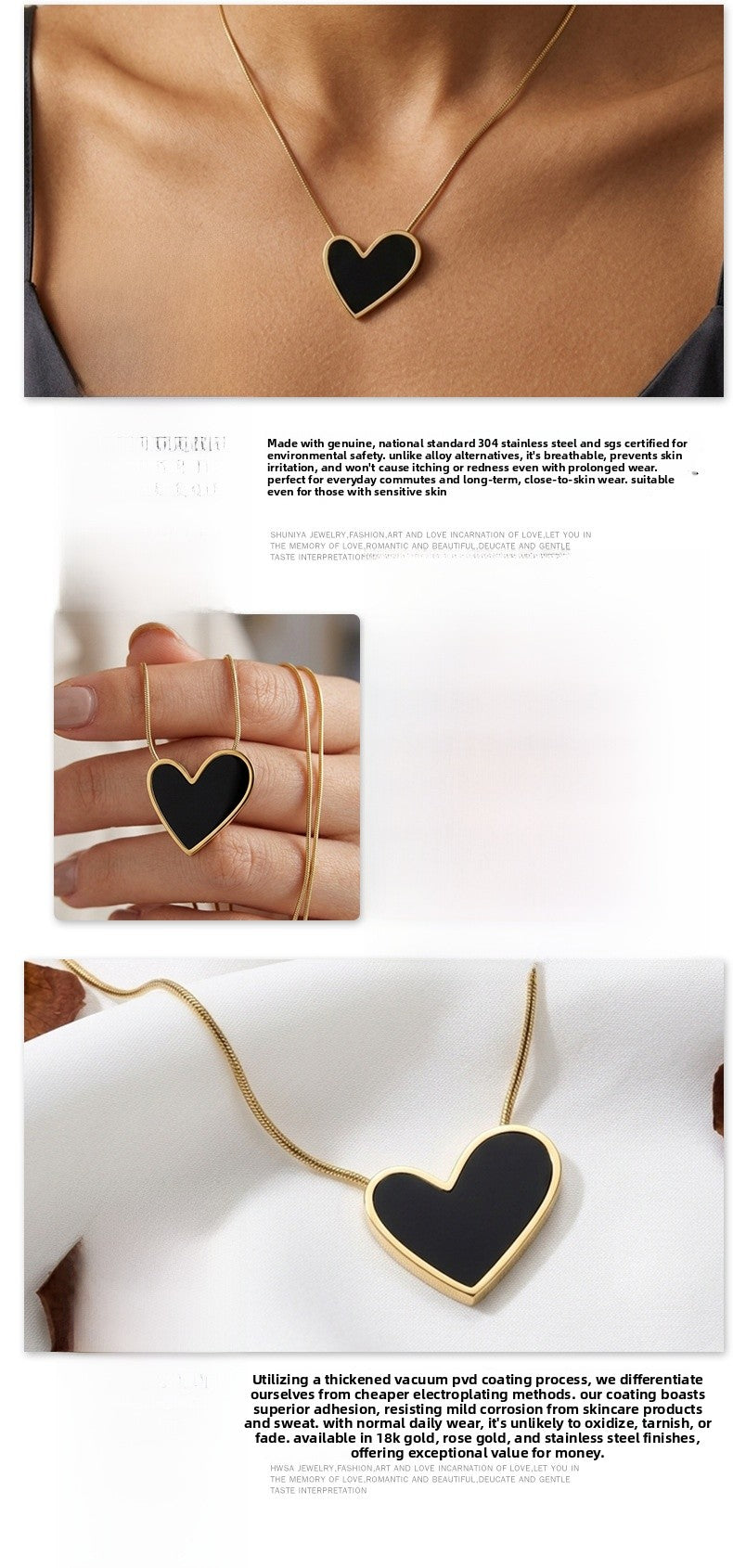 Heart Shape Necklace For Women In 18K Real Gold Plated 304 Stainless Steel With Shell Inlay And Snake Chain