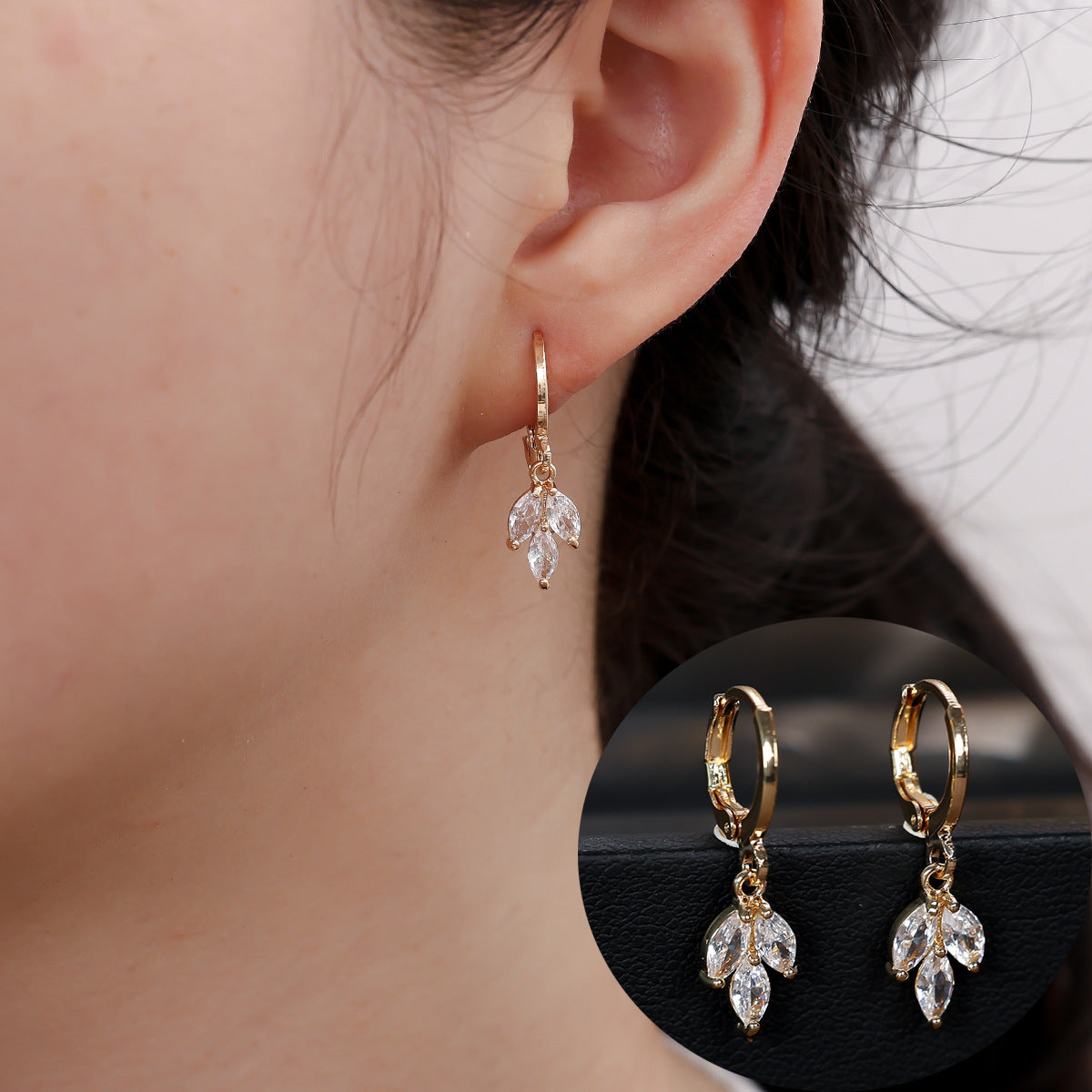 Elegant Leaves Earrings For Women With Copper Ear Pins And Zircon Inlay Featuring Electroplated Gold Plating