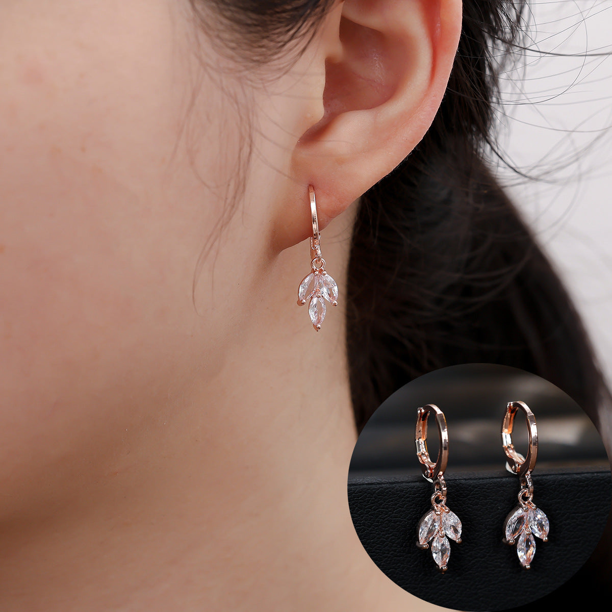 Elegant Leaves Earrings For Women With Copper Ear Pins And Zircon Inlay Featuring Electroplated Gold Plating