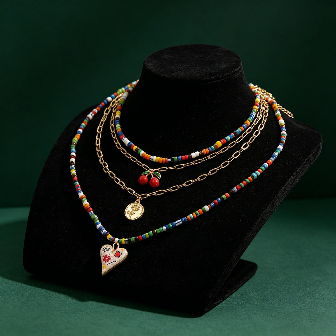 Sweet Multicolor Color Block Necklace For Women With Zinc Alloy Pendant Featuring Beading Craft